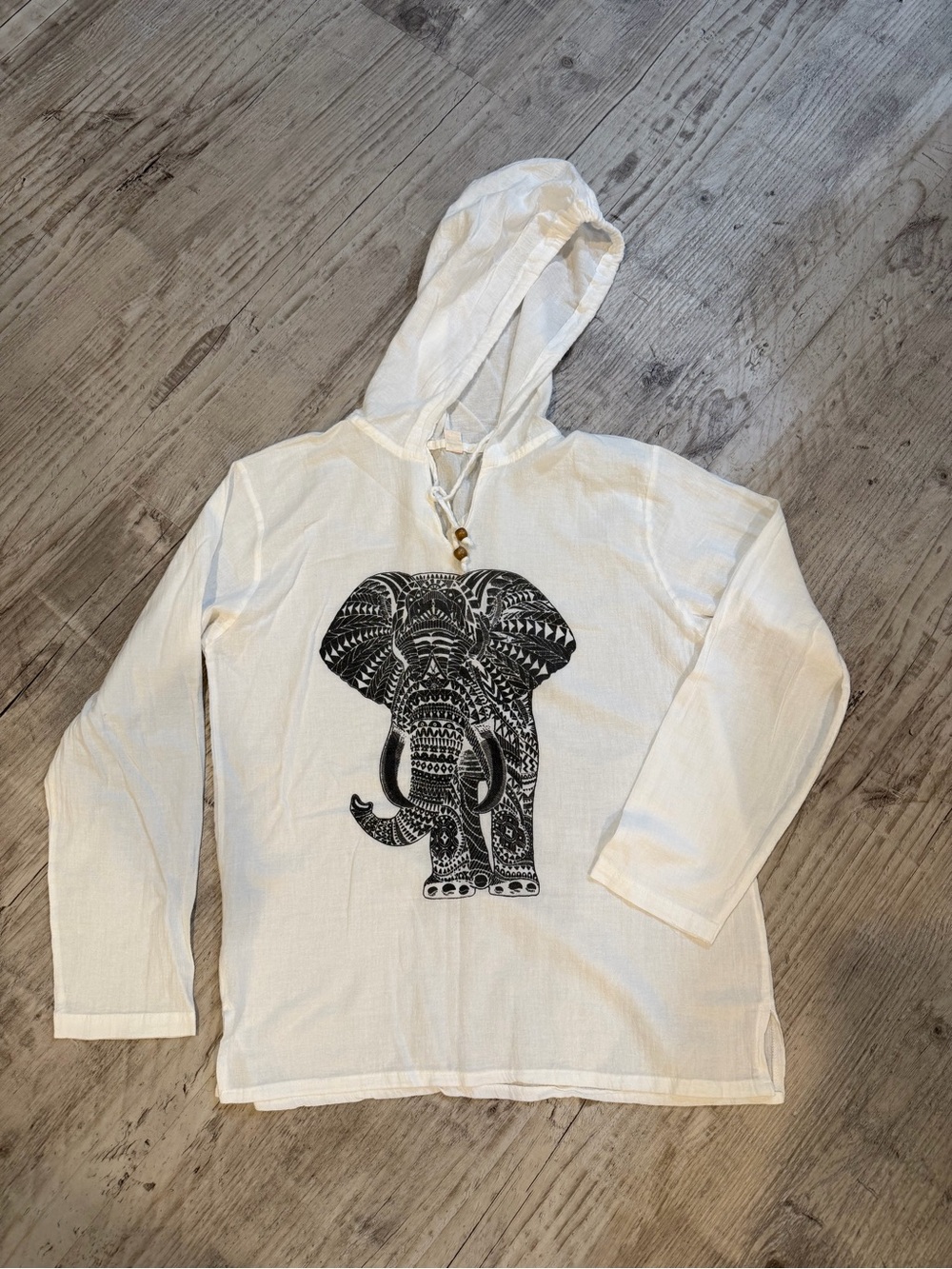 White Hooded Shirt with Black Elephant Graphic